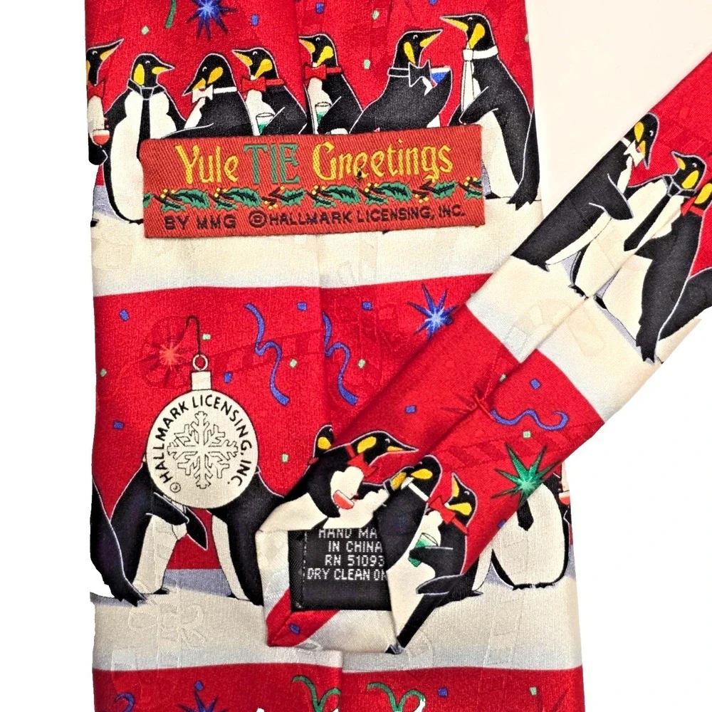 Hallmark Christmas Silk Tie Penguin‎ Yule Greetings Festive Holiday Men's